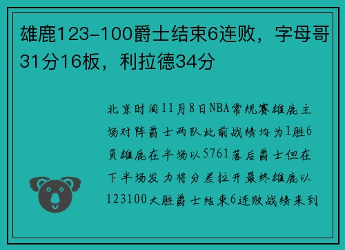 雄鹿123-100爵士结束6连败，字母哥31分16板，利拉德34分