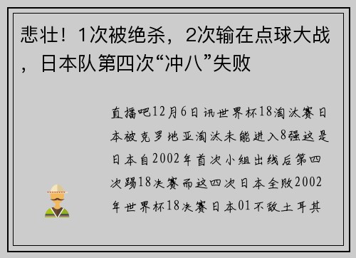 悲壮！1次被绝杀，2次输在点球大战，日本队第四次“冲八”失败