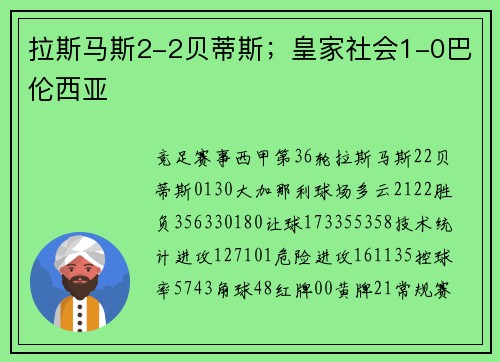 拉斯马斯2-2贝蒂斯；皇家社会1-0巴伦西亚